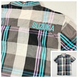 Blend Short Sleeve Snap Button Plaid Shirt Mens Small Suzuka Circuit Cotton